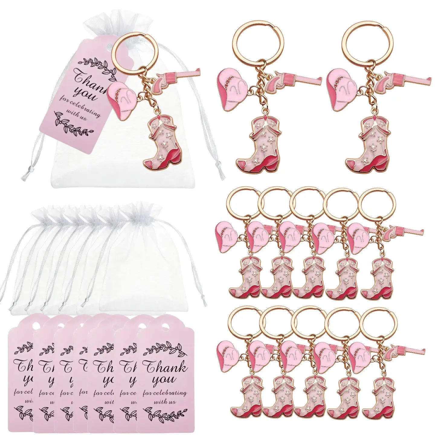 36pcs Western Cowgirl Keychain Set, Denim Style Party Favors with Hats & Boots, Cute Country Star Boot Hat Keychains, Includes 12 Thank Cards, Keychain Included, Keychain Pendant, Keychain Collectibles