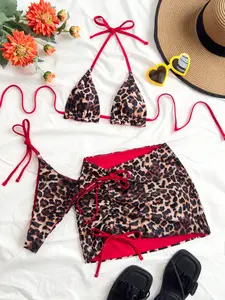 Women's Leopard Print Edge Bikini Set, Three-Piece Swimsuit with Drawstring Design, Beachwear Swimwear for Women