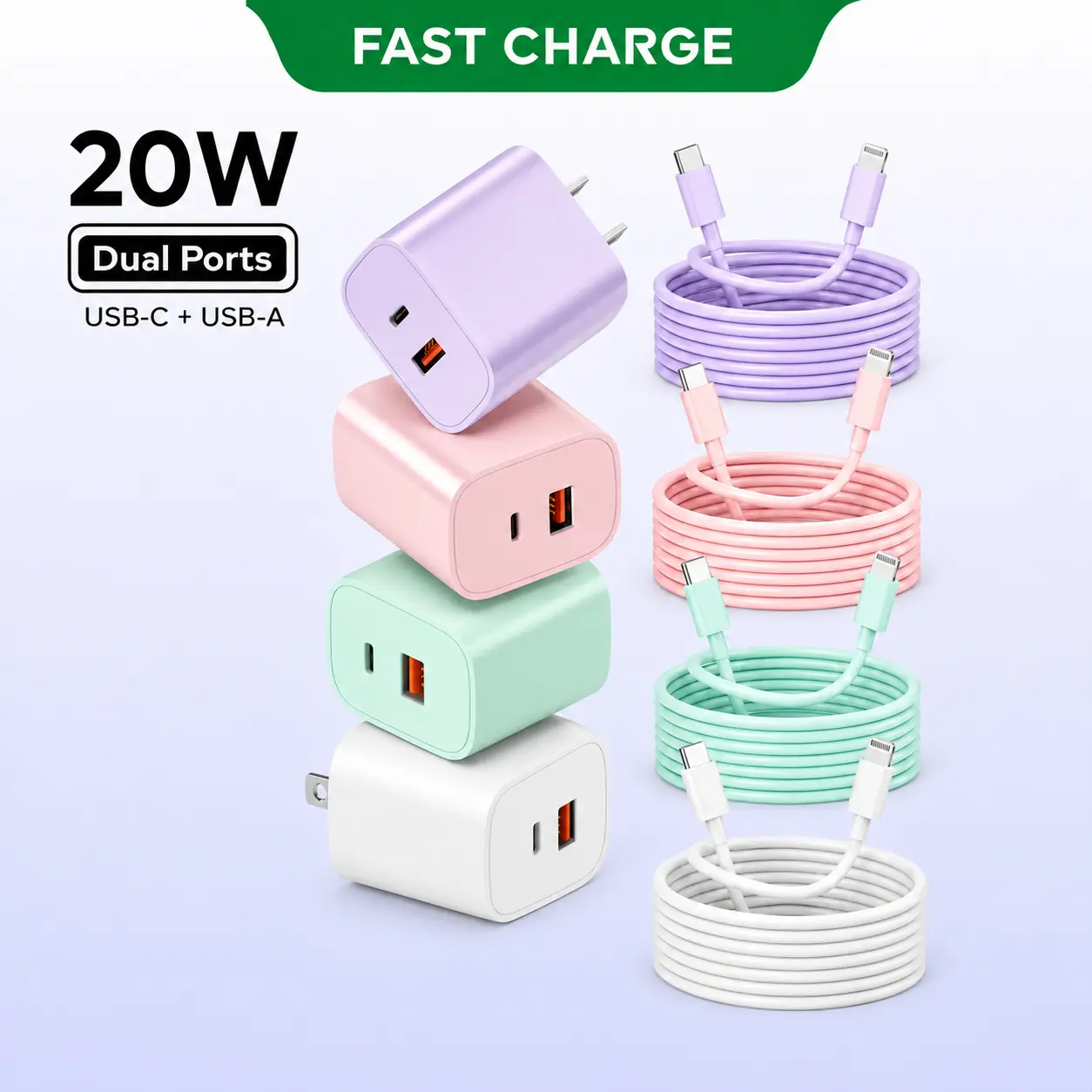 20W Dual Port Fast  Block 2-Pack with 6FT - to Lightning Cable, -C+USB-A Wall Adapter, Quick Charge Plug for  14/13/12/11 Pro Max/XS/XR, iPad, AirPods, Durable High-Speed Travel Power Brick - cord charge cable  cable kit