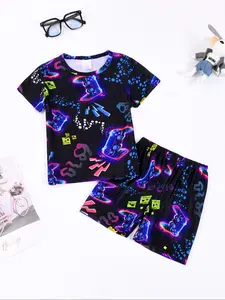 Boys' Sleepwear Set, Round Neck Short Pajamas & Shorts, Digital Print Game Controller Pattern, Casual Fitted Design, All Season Comfortable Fit, Snug Fit Pajamas