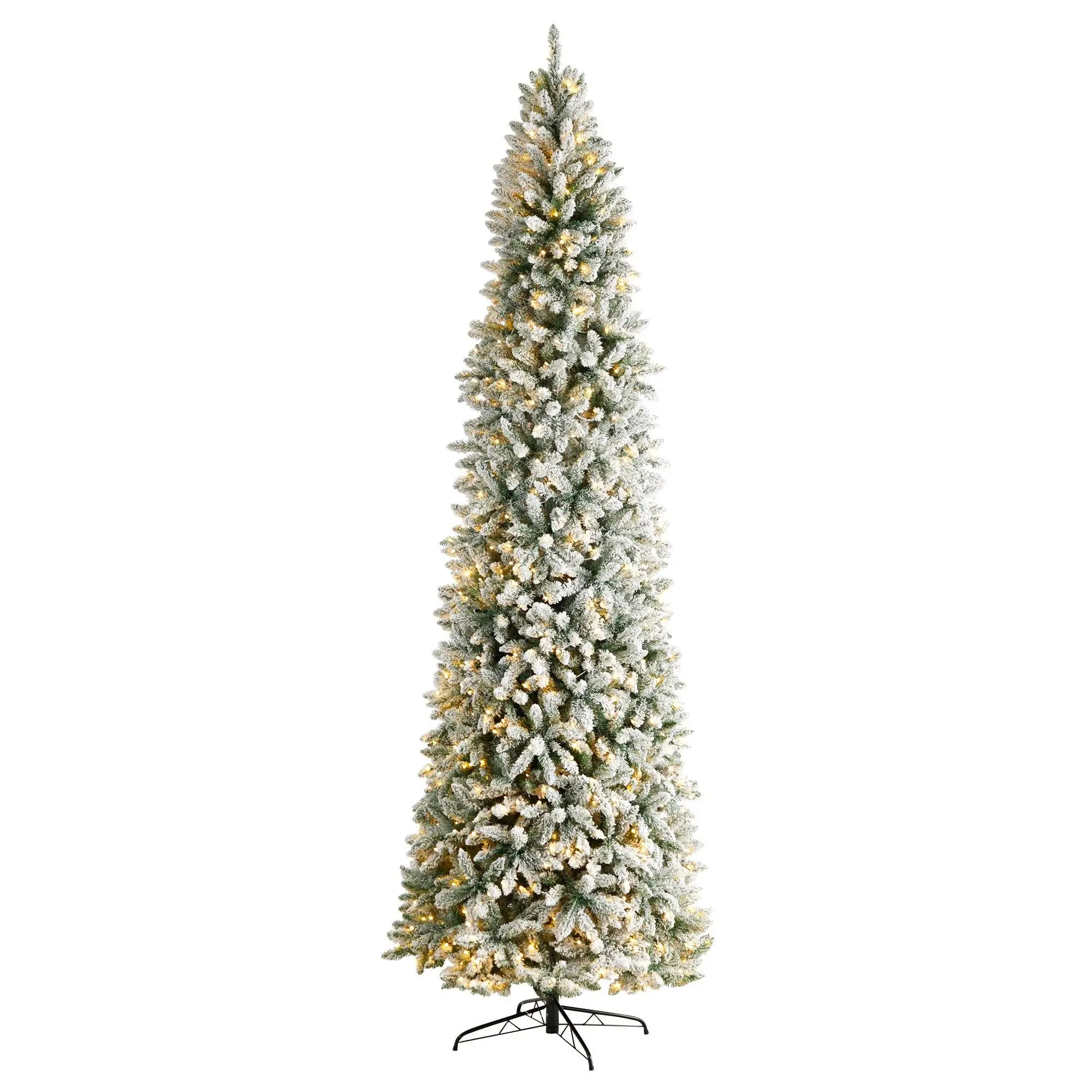 10’ Slim Flocked Montreal Fir Artificial Christmas Tree - Specialty Tree Decor with LED Lights, Artificial Tree Specialty Tree Decor