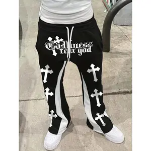 2026 Black Men's Casual Straight Leg Sweatpants - Loose Fit, Polyester Knit Fabric with Slight Stretch, Cross Detail, Godliness Teardrop Graphic Design