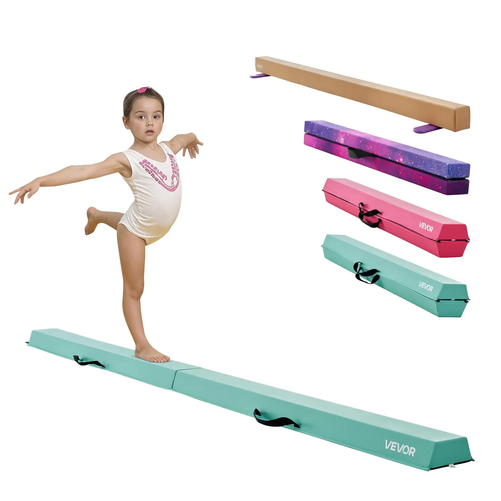VEVOR 8FT Collapsible Foldable Gymnastics Balance Beam for Kids, 200LBS Stable Support Floor Beam with Non-Slip Mats, Anti-Slip Surface Bottom, Carrying Bag for Home Gym Use, Mint Green