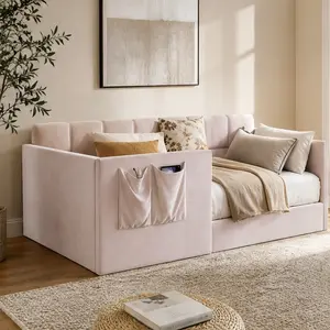 Twin Size Velvet Upholstered Daybed Sofa Bed with High Side Panels, Side Entrance, and Storage Pockets, Space-Saving Guest Bed for Living Room or Bedroom, Pink, Twin Size Options, Pink Color Options, Velvet Material, Product Weight: 80.39 lb