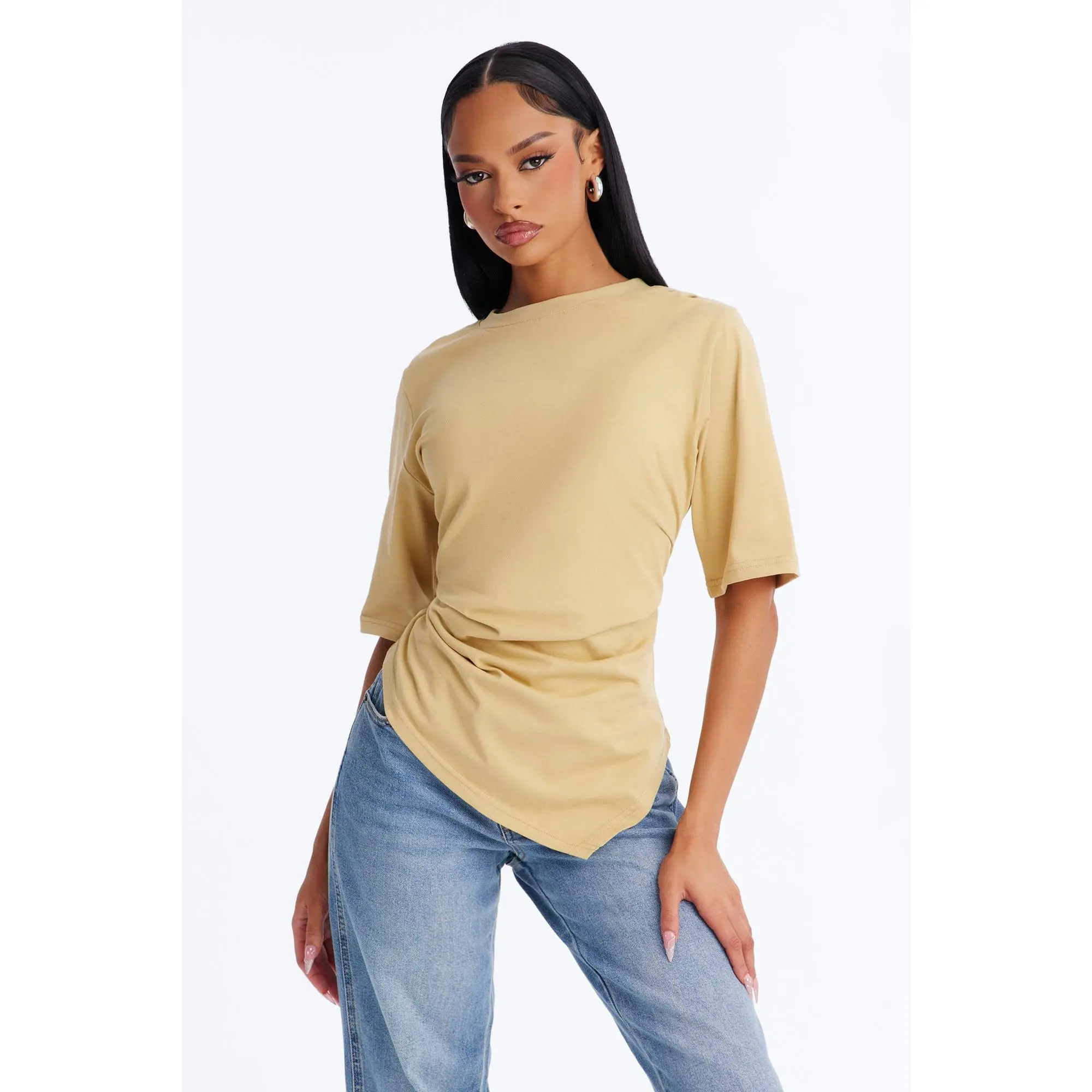Mila Cinched Waist Asymmetrical T-Shirt - Honey