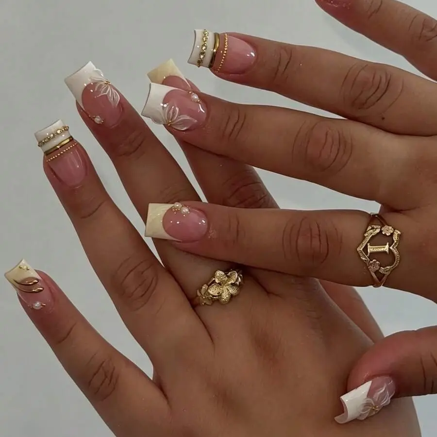 Transform Your Nails, 24pcs/Set Medium-Long Square Sweet Gentle Yellow & White French Gold Line With 3D Embossed Resin Flower, Gold Chain & Pearl Decor Press-On False Nails, Includes 1pc Jelly Glue, Suitable For Daily Wear, Weddings, Parties And Holidays