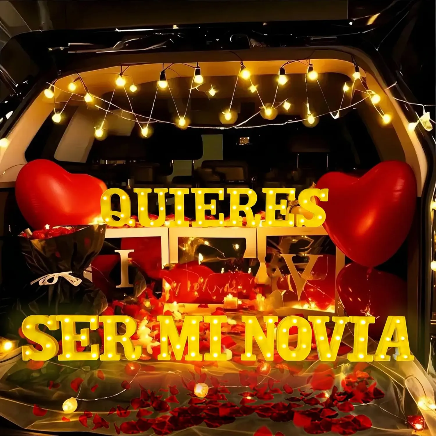 Quieres Ser Mi Novia Light Up Letters Proposing Decorations Set Includes 14 LED Light Letters and 1000 Rose Petals