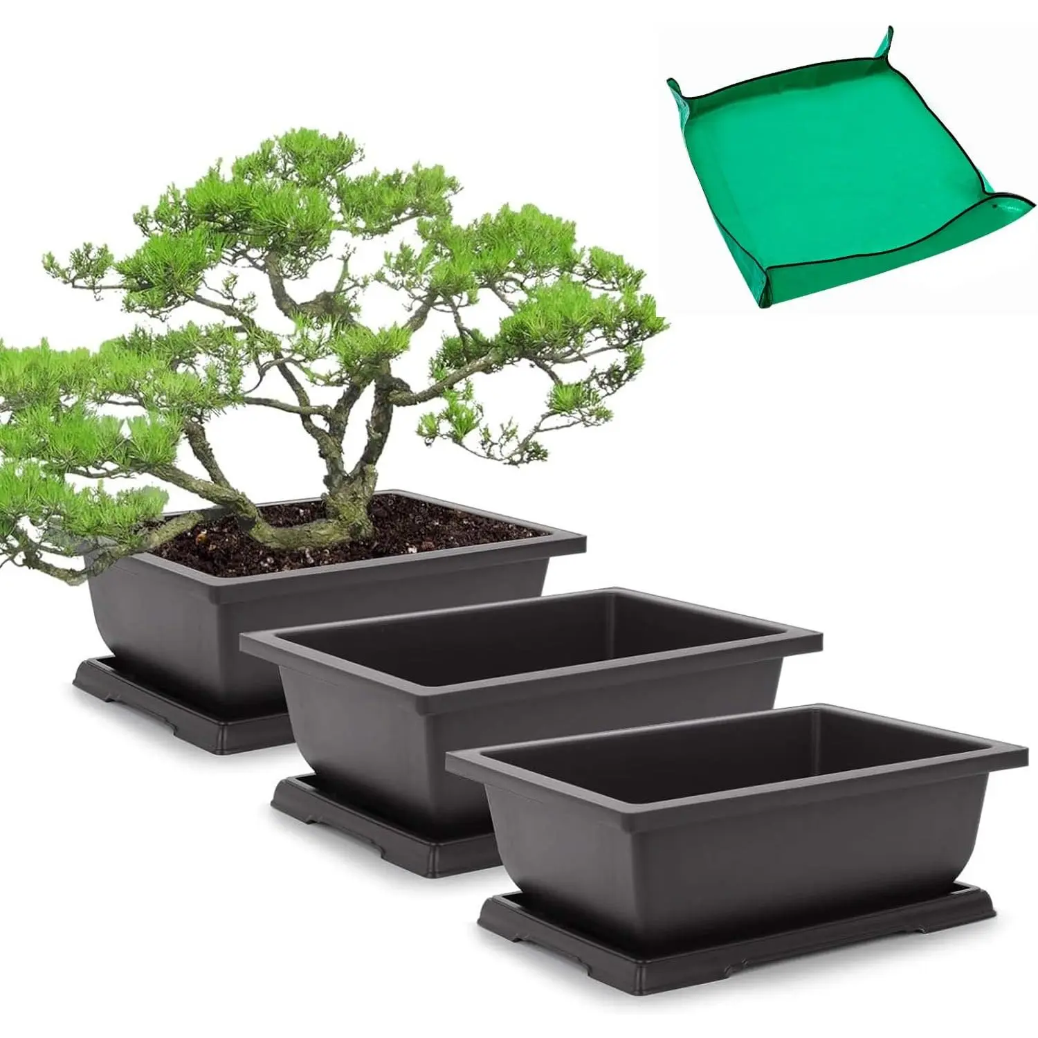 3 Packs 11 Inch Bonsai  Pots with Drainage Humidity Trays, Large Bonsai Tree Pots with 1 Repotting Mat, Growing Planter for Garden, Yard, Balcony, Office, Living Room