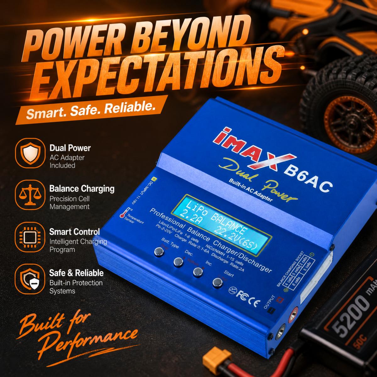iMAX B6AC Smart RC Battery Charger, Dual Power Balance Manager, Multi Safety Protection Including Overheat Safe, Impact Resistant, Outdoor-Validated for All RC Model Lithium Batteries, Outdoor Test Sites