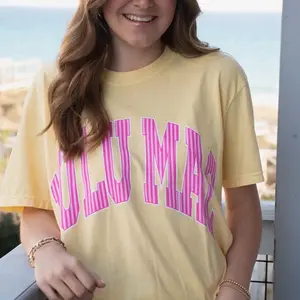 Lulu Mac Yellow T-shirt with Pink Stripe Design - Casual Summer Top for Women