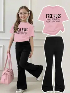 Girls' Fun Slogan Sweet Cool Bell Bottoms Set, Round Neck Short Sleeve + Bell Pants, Casual Fit, All Seasons