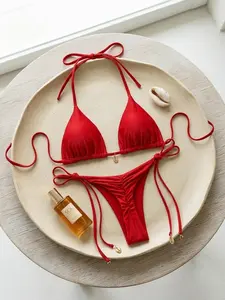 Authentic Aesthetic Red Velvet Triangle Bikini Set - True-to-Color Vibrant Red with Soft Pile & Unique Shell Accents, All-Day Comfort & Adjustable Ties for Every Body.