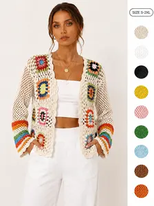 IDEALSANXUN Floral Crochet Cardigans for Women Trendy Spring Summer Hollow Out Open Front Boho Cardigan Sweater Tops Shrug sale lace lover granny square Vintage Tribal Knit Cardigan with Belt Casual Long Sleeve summerwins,summerwins