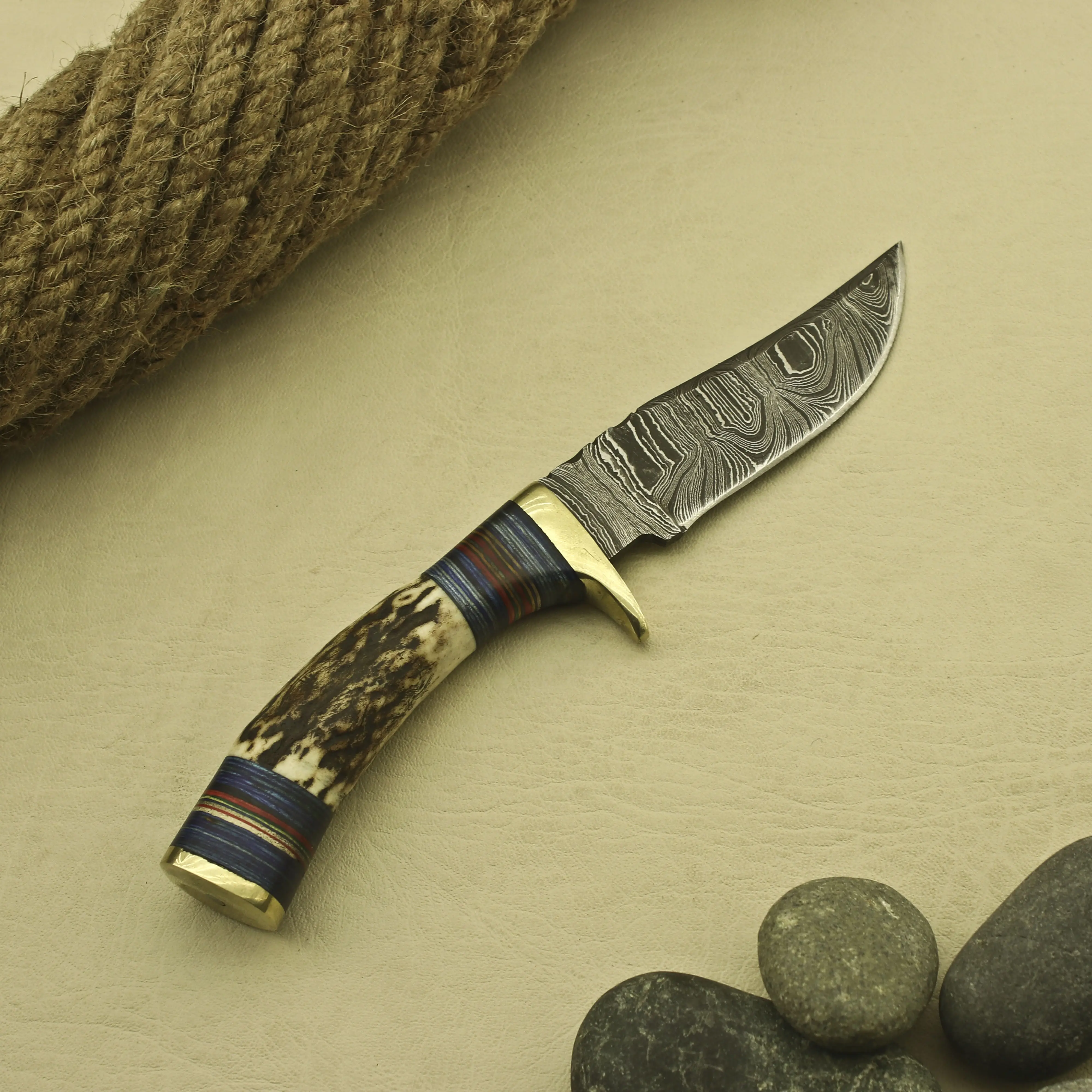 Damascus Knife 8" Inch Fireside Camping & Skinning Tool with StagHandle & Leather Sheath – Best Gift for Him