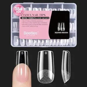Beetles Gel Nail Tips Etch-X- Square Medium, 384pcs 12 Sizes, Pre-Etched Half Matte Full Cover Soft Gel Nail Tips, Press on False Nail Extension Acrylic Fake Nails, Easy DIY Salon Art