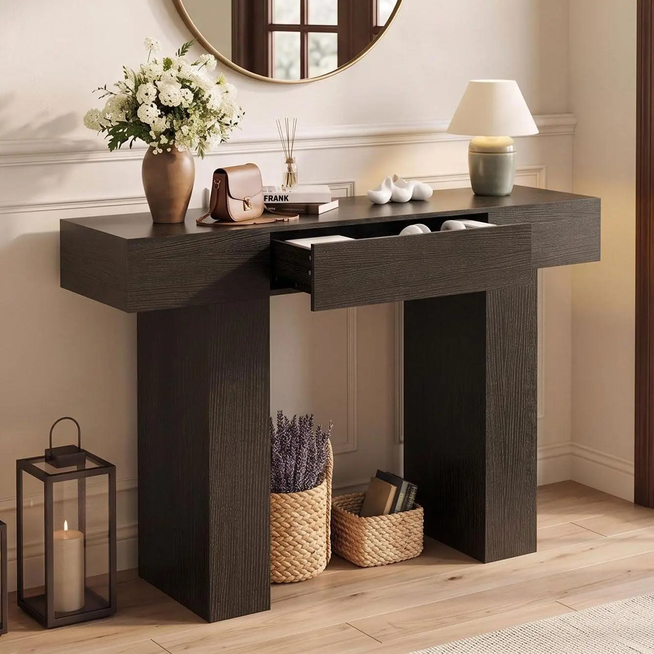 GAOMON 47" Long Console Table with Drawer,Narrow Entryway Table,Black，Wood Rectangular Sofa Table Behind The Couch,TV Stand,Farmhouse Entry Way Tables for Entrance,Hallway,Foyer,Living Room