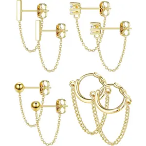 YADOCA 4 Pairs Chain Earrings for Women CZ Ball Bar Huggie Hoop Piercing Dangle Chain Stud Earring Set Gold Silver Rose Gold