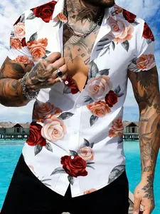 Men's Floral Print Short Sleeve Collared Shirt, Summer Casual Style Trendy Shirt, White Rose Pattern Top