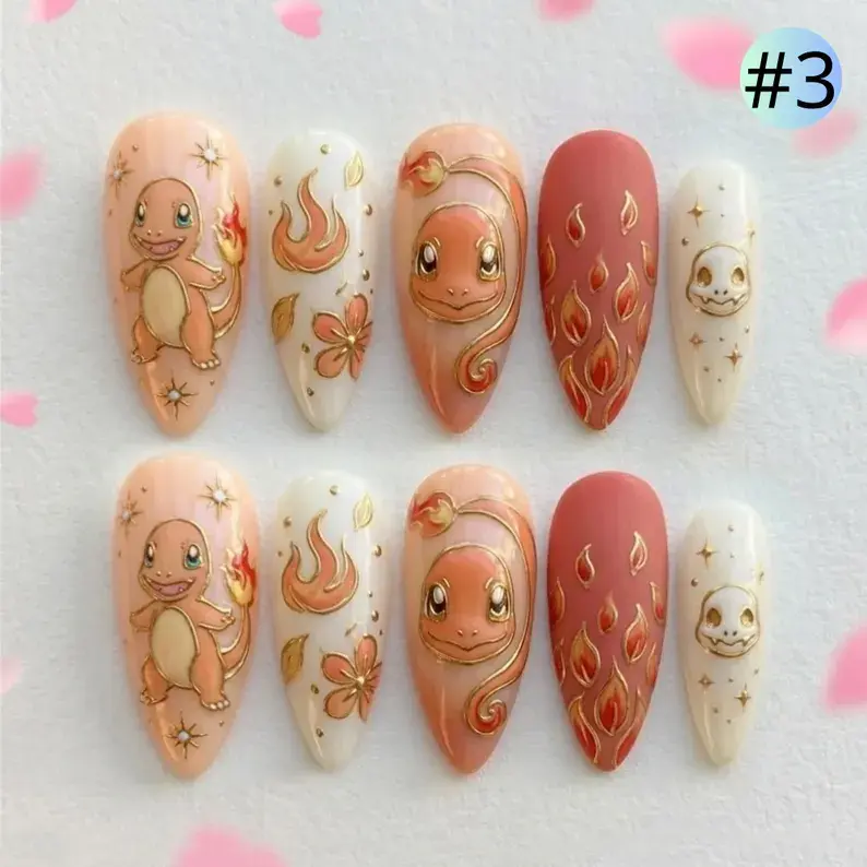 Custom Pocket Monsters Press-on Nails - Fantasy Creatures Collection, Cute Kawaii Anime Character Nail Set, Easy Apply Reusable Salon Finish Gamer Gifts, Cottagecore Vibes Any Outfit Accessory