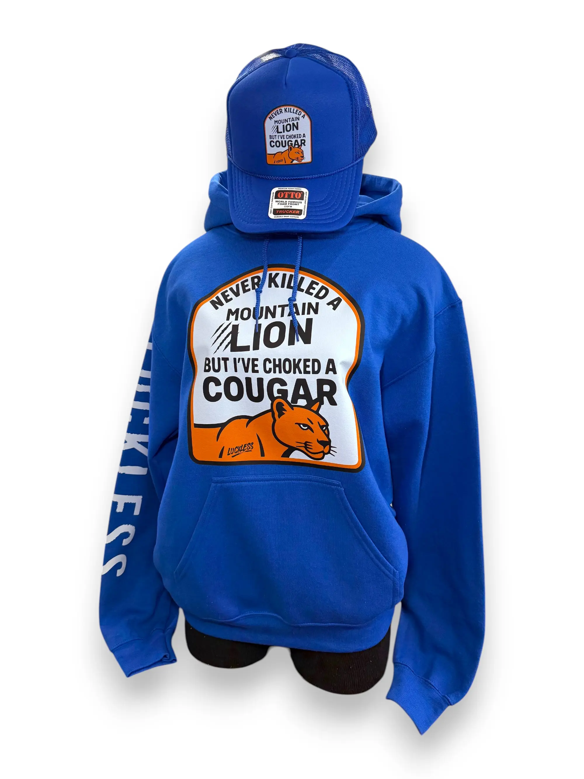 Never Killed A Mountain Lion But I've Choked A Cougar | Funny Mens Blue Graphic Hoodie by Luckless Outfitters
