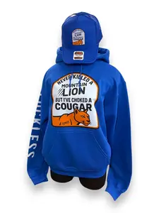 Never Killed A Mountain Lion But I've Choked A Cougar | Funny Mens Blue Graphic Hoodie by Luckless Outfitters