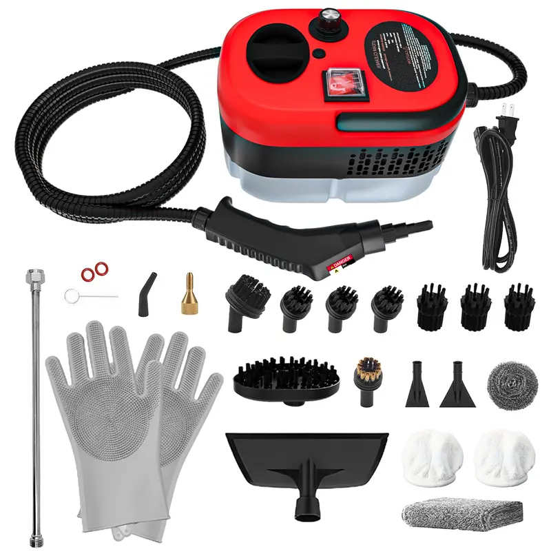 Red Handheld Steam Cleaner - Multifunctional pressurized steam cleaner for kitcens, bathrooms, carphets, and windows. 2500W powerful hot steam with 3 adjustable speeds for powerful cleaning and 20 accessories for chemical-free cleaning