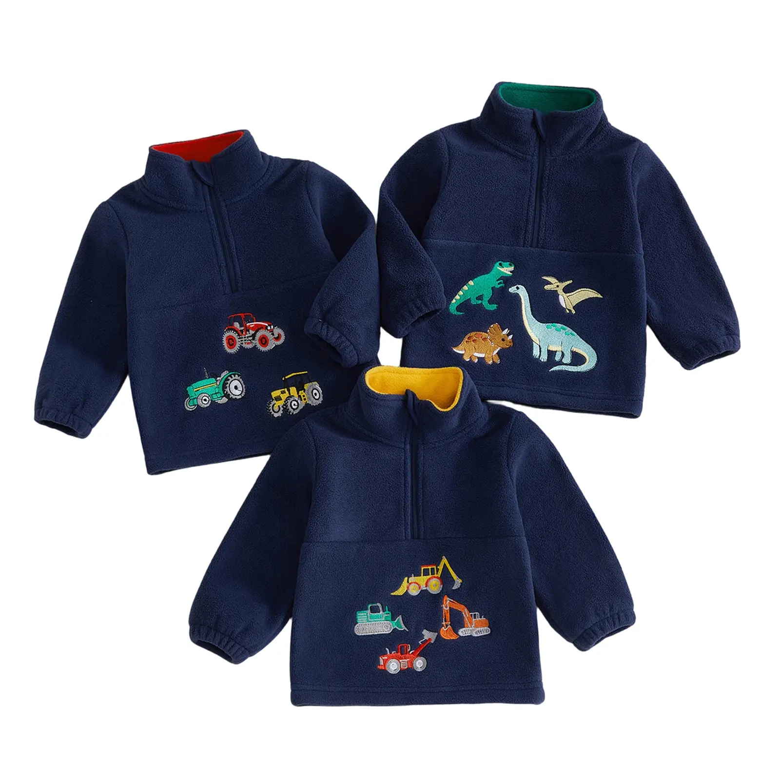 Toddler Baby Little Boy Sweatshirts Long Sleeve Half Zip Fleece Pullover with /Digger/Tractors Embroidery Kid Fall Winter Tops 1-5 Years
