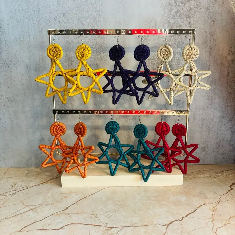 53/ STAR SHAPE: :Handmade Raffia Leaves Earrings Naturally Colored Created to Elevate  Fashion Taste and Celebrate Afro Heritage.