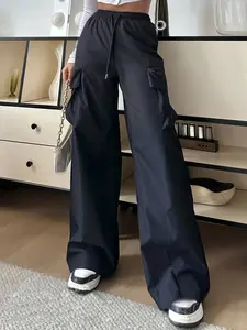 Plus Size High Waist Cargo Pants with Pockets, Elastic Drawstring Waistband, Casual Fashion Hip Hop Style, Women's Streetwear, Casual Street Trousers