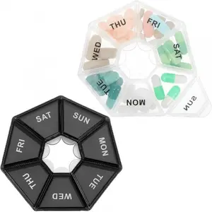 1pcs Compact Travel Weekly Pill Organizer, Black Hexagonal 7 Compartment Pill Case with Clear Week Markings, Leakproof Portable Medicine Vitamin Supplement Storage Box for Elderly, Travel, Daily Medication Management