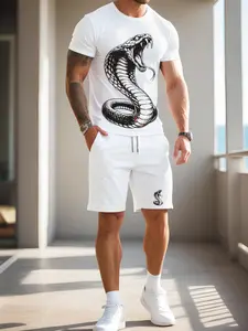 Men's Digital Printed Short Sleeve and Shorts Set, Casual Sports Style with 3D Snake Print, Summer Essential Breathable