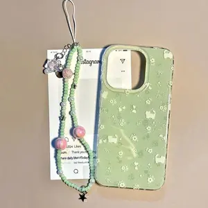 Crystal transparent white light IND matcha green floral cat phone case with bead chain for iPhone 11 12 13 14 15 16 17 Pro max