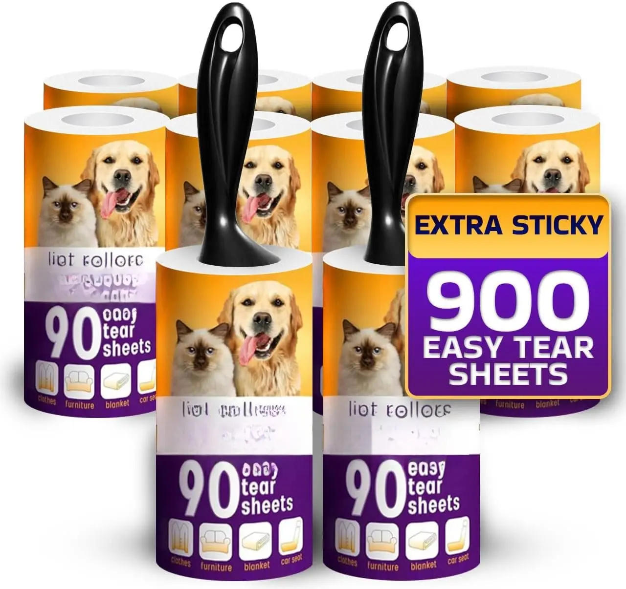 Lint Rollers  Value 10 Pack of 900 Sheets / 10 Refills, Sticky Roller , Lint Remover / Hair, Fuzz,  , Large Lint Removal Roller Clothe, Couch, Furniture