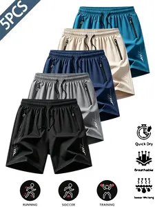 Set of 5 men’s summer quick-dry loose-fit athletic casual shorts—breathable, cool-touch men’s bottoms with zippered pockets and a drawstring waist, suitable for the gym and outdoor wear. Suitable for home use
