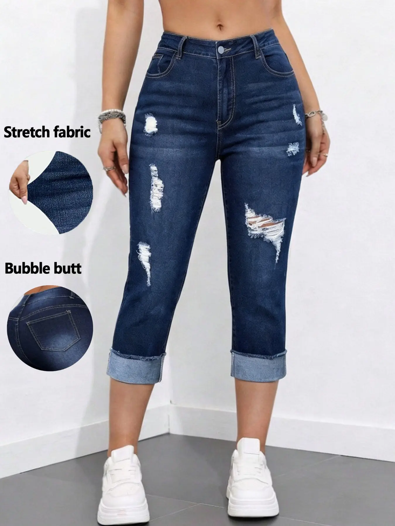 Women's High Elasticity High-Waisted Seven-Quarter Skinny Fit Comfy Denim Jeans, Folded Hem, Ripped Design, Versatile Elegant Casual Fashion Pants