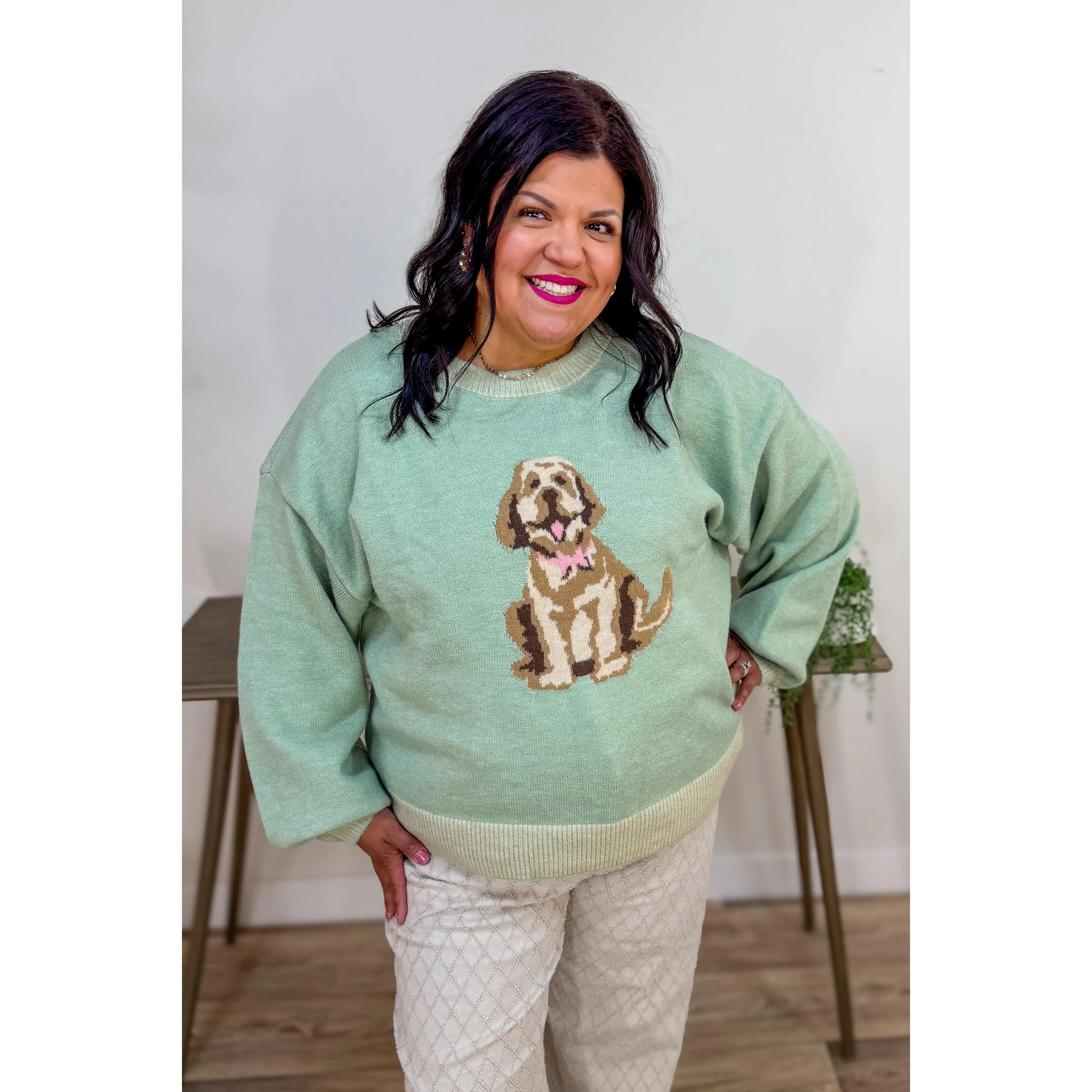 Sage Cute Dog Intarsia Knit Sweater