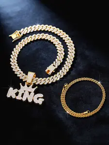 Hip Hop Crown & King Pendant Chunky Chain Necklace, Rhinestone Decor Cuban Link Layered Necklace for Men, Fashion Accessories for Party, Daily Decor Necklace Set
