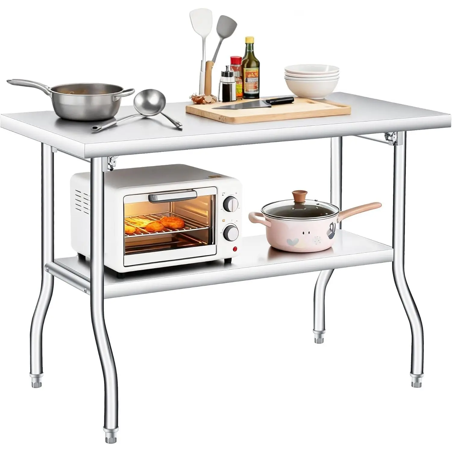 Folding Stainless Steel Table 48 x 30 Inch, 2-Tier Metal Foldable Work Table, 1100 LB Load Capacity, No Assembly Required, Portable Prep Table for Kitchen, Laundry, Restaurant, Camping, Garage