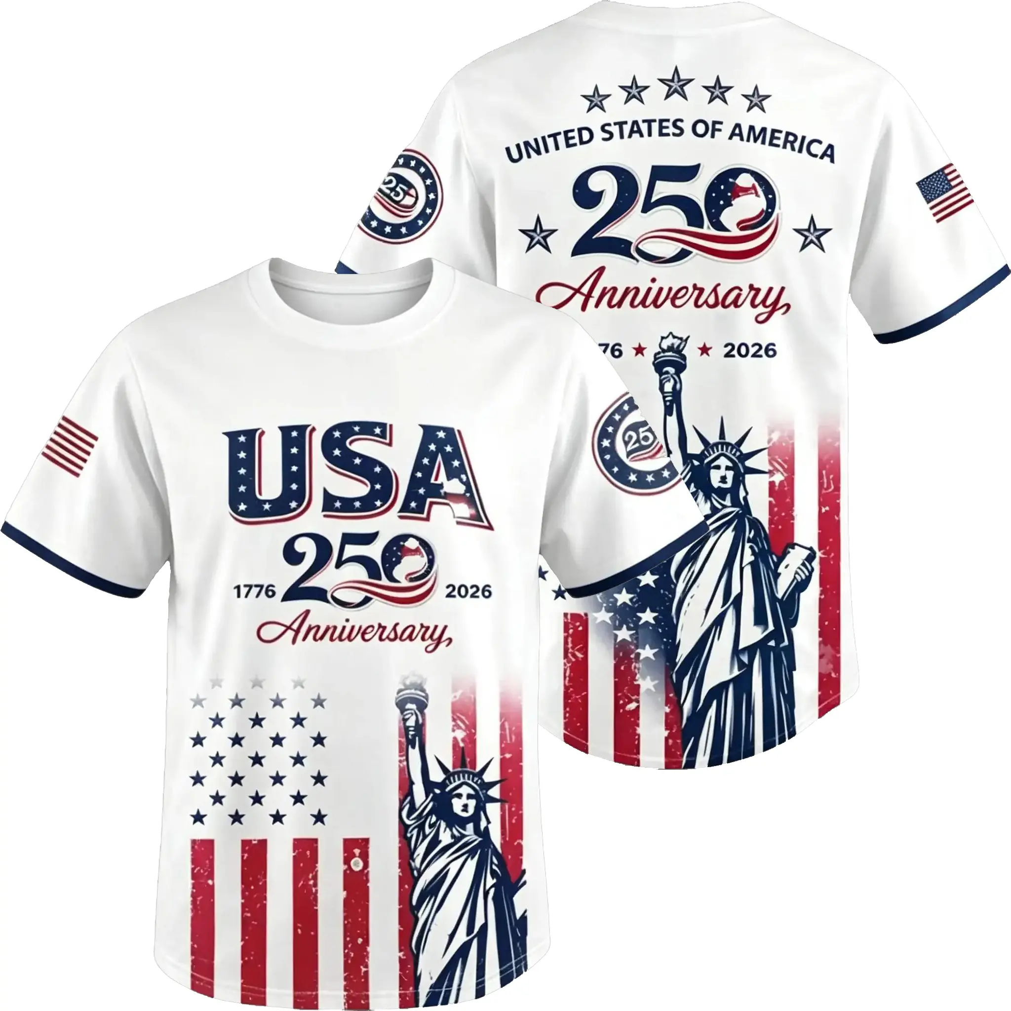 Unisex Casual Baseball Jersey - Patriotic USA 250th Anniversary Semiquincentennial Special Edition Multi-Size Short Sleeve Top, Statue of Liberty Statue Print Novelty Print for July 4th Independence Day Athletic Wear (S, 2XL), Athletic Top