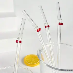 Cartoon Cherry Design Bent Glass Straws, Glass Straw Drinkware, Set of 1/2/4, Perfect for Milkshakes, Soda, Tea, Juice, Parties, Birthdays, Holidays