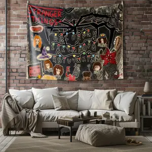 Stranger Things themed Hand-painted Graffiti-Style Tapestry Decoration Scene,Colored alphabet lights,Town Slogans and a Red Monster-themed Background Tapestry,for Bedrooms,Dorms & Fans Decorative Wall Art Gift
