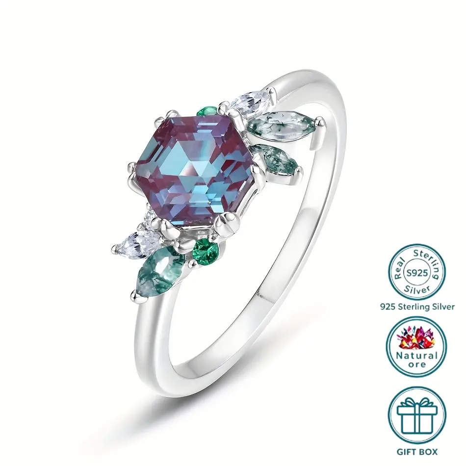 Luxury S925 Silver Ring for Women, 6x6mm Hexagonal Lab Created Alexandrite with Zircon Accents, Banquet Wear Jewelry Gift, Birthday, Fashion Accessory, Adults, Hexagon Stone, Female, 6*6Mm, Party