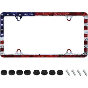 Vintage American Flag 4 Holes License Plate Frame Patriotic USA Flag Stainless Steel Auto License Plate Holder Decoration with Screws for Men Women 1pcs
