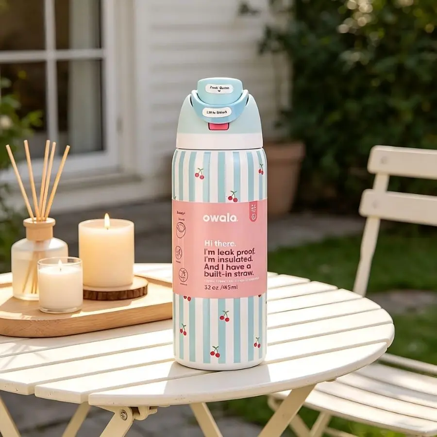 New Owala Cherry Stripes Tumbler Cup, Insulated Water Bottle with Straw Lid, Trendy Design Travel Cup for Outdoor Activities