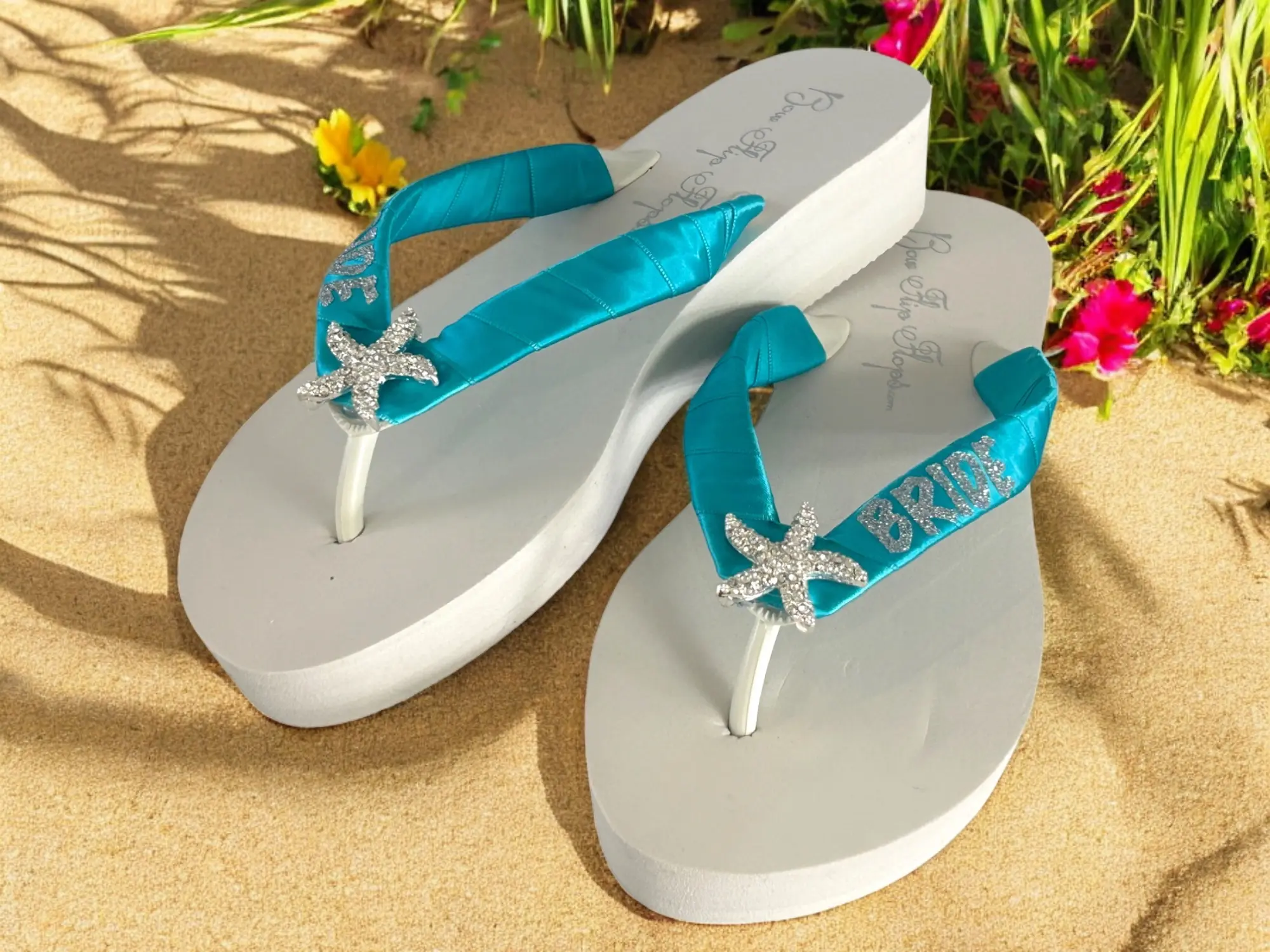 Turquoise Starfish Bride Glitter Wedding Flip Flops, Silver Ivory or Choose Colors