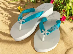 Turquoise Starfish Bride Glitter Wedding Flip Flops, Silver Ivory or Choose Colors