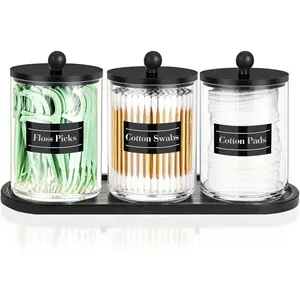 3 Pack 10 oz  Qtip Holder with Tray Labels Dispenser- Bathroom Small Clear Plastic Canister  Jar Set Essentials Accessories Decor,  Storage Organizer