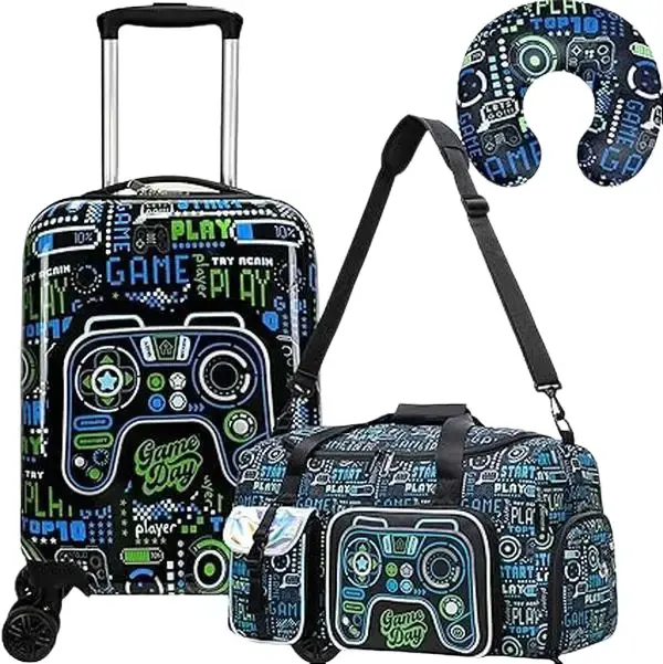 Kids Gaming 3-Piece Luggage Set with Duffle Bag & Neck Pillow | 18" Boy's Hardshell Spinner Suitcase & Overnight Travel Tote | Game Day Controller Boarding Gear smooth zipper