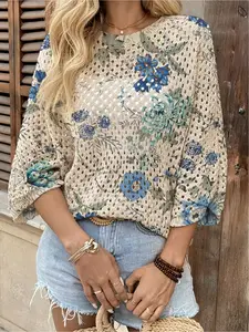 Spring and Summer collection, Chic, round-neck open-front loose batwing shoulder sleeve pullover, contrast blue floral print women's knit top, beachy style, casual for work, women's tank top, bohemian beach-style seaside pullover, Lady