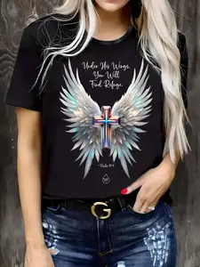 Plus Size Women'S Casual T-Shirt with Inspirational Cross & Angel Wings Graphic - Round Neck, Short Sleeve, Slightly Stretch Knit Fabric, Comfortable All-Season Top for Casual Attire, Ladies T Shirts